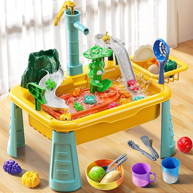 Water Table Play Sink Toy for Kids 3 4 5 6 Years Old - Outdoor Kitchen with Running Water, Fishing Games, Toddler Water Play Table for Kids Ages 3-8, Beach Outdoor Toys, Summer Gifts