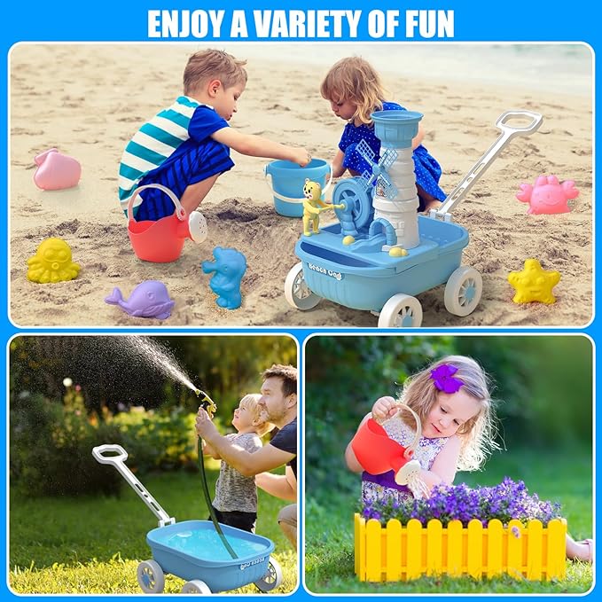 Dollox Kids Beach Wagon with Sand Toys - 12 Pieces, Water Wheel, Bucket, Watering Can, Marine Animal Sand Molds - Kids Beach Bucket Toy Outdoor Fun Play Set Beach Sand Toys for Toddlers & Kids
