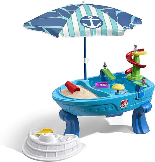 Step2 Fiesta Cruise Sand & Water Table with Umbrella, Kids Activity Sensory Playset, Summer Outdoor Toys, 10 Piece Water Toy Accessories, for Toddlers 2+ Years Old