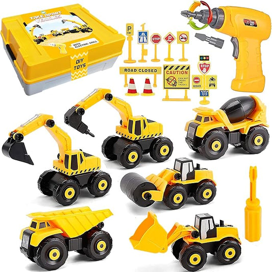 TEUVO Construction Take Apart Toys with Electric Drill, Building Excavator Toy STEM Trucks Vehicle Construction Vehicles for Kids, Educational Learning Gifts for Ages 3+ Boys & Girls