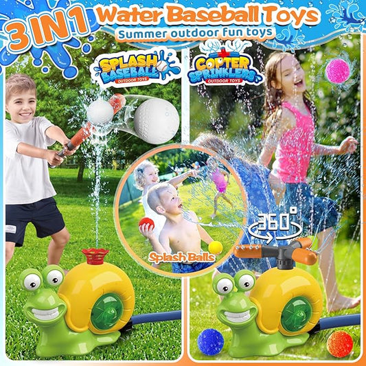 3-in-1 Water Sprinkler Baseball Toy, 360° Rotating Water Baseball Tee & T Ball Sprinkler with Water Balls, Summer Outdoor Water Toys for Kids Backyard Games Lawn Pool, Snail, Ages 3+