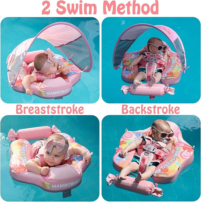 Mambobaby Float Add Tail Baby Swim Float with Canopy Solid Pool Infant Swim Trainer Swimming Training Lying Air Free Water Floats Non-Inflatable Waist Swim Ring for Toddlers (Candy)