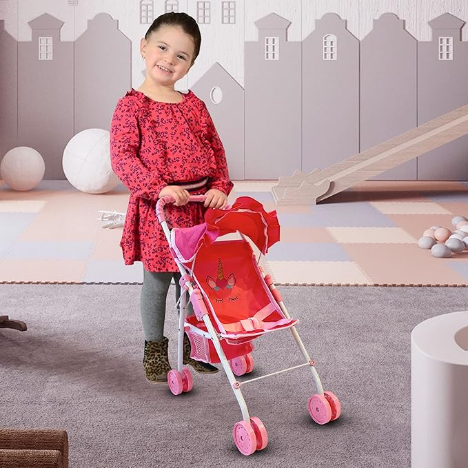 My First Baby Doll Stroller for Toddlers 3 Year Old Girls, Little Kids | Folding Baby Stroller for Dolls, Toy Stroller for Baby Dolls with Bottom Storage Basket, Foldable Frame, Canopy, Seatbelt