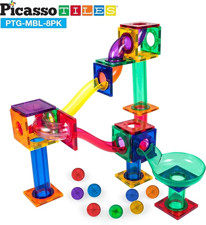 PicassoTiles 8pc Marbles for Magnetic Block Tiles Marble Run Race Track Magnet Building Tile Blocks Racetrack Maze Construction Toys Creative Toy Girls Boys 3 and Up Early Education STEM Learning Kit