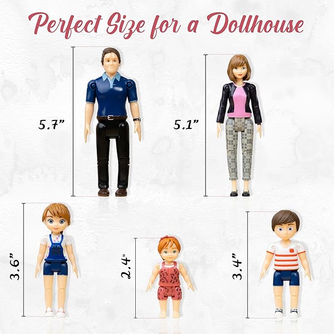 Family Dollhouse People - Doll House People Figures - 5 Poseable Action Figures Incl. Mom, Dad, Sister, Brother, Toddler - Small Dolls for Dollhouse - Dollhouse Dolls (Family)