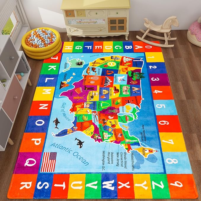 USA Map ABC Kid Rug 39.4" ร 63" for Playroom Geography Classroom Rug Educational Baby Playmat Alphabet Mat for Primary School Fluffy Ployester Non-Slip Preschool Carpet for Nursery Room
