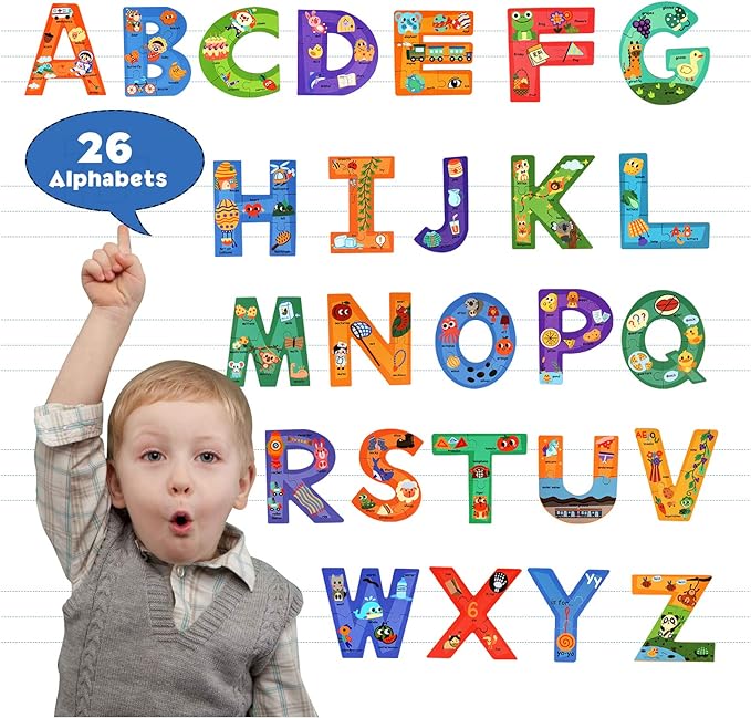 SYNARRY Wooden Alphabet Puzzles for Kids Ages 3-5, ABC Learning for Toddlers Ages 3+, Sight Words Letter Puzzles Montessori Toys Educational STEM for Preschool Boys Girls Kids Gifts