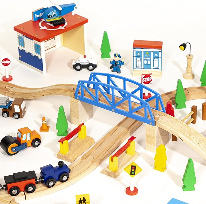 inc. 100 Pc Wooden Train Set, Wood Tracks, Bridges, 2 Trains, Helicopter, Buildings, Police Car, More Railway Accessories Compatible with Thomas & Friends, Brio, Other Major Brands