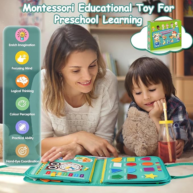 Montessori Busy Board - Sensory Learning Toys for Toddlers 1-6 Years, 10 Pages, 32 Activities, Airplane Car Travel Educational Toys for Autism, Baby Birthday Gift