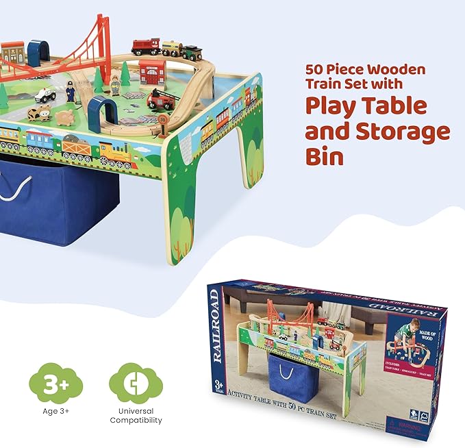 50 Piece Wooden Train Set with Activity Table & Storage Bin - 100% Hardwood Track, Engine, Oil Tanker, Caboose, Fire Engine, Station, Policeman, Farm Animals. Compatible with All Major Brands