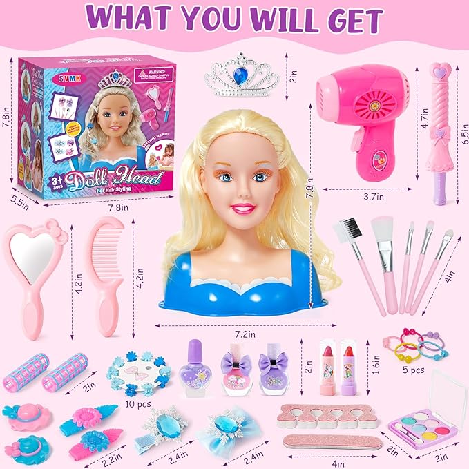 Hair Styling Doll Head Makeup for Girls Toys Kids Practice Pretend Play Beauty Set with Hairdryer Curling Iron Crown Brushes Comb Accessories Birthday Gifts for Girls 3 4 5 6+ Years Old Christmas