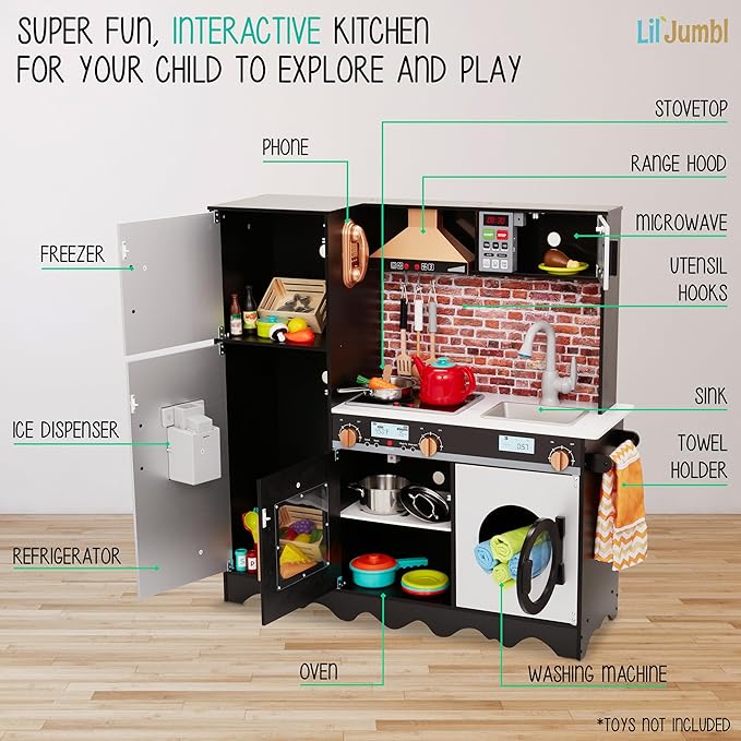Lil' Jumbl Jumbl Kids Kitchen Set, Pretend Wooden Play Kitchen, Battery Operated Icemaker, Microwave, Range Hood, Stove Top, Oven, with Realistic Sound & Lights, Pots, Pan, & Utensils Included