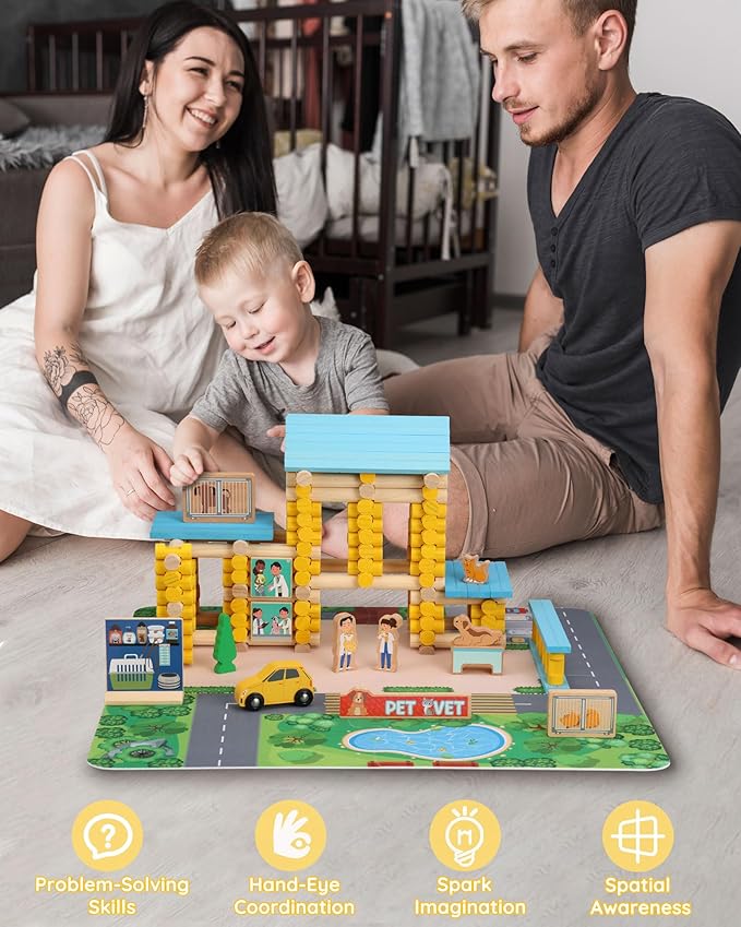 SainSmart Jr. Wooden Logs Set - 229 PCS Classic Building Toy for Kids, Pet Vet Log Kits Compatible with Lincoln Logs, Ages 3+