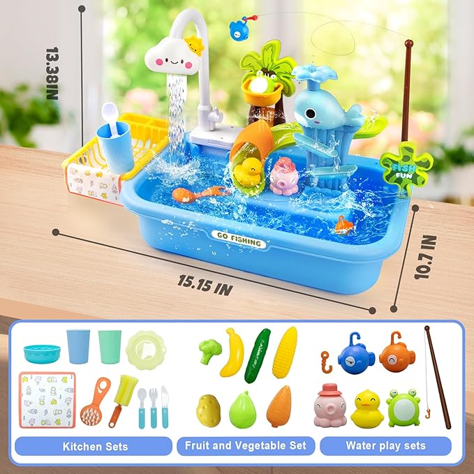 Play Sink with Running Water,Toddler Sink Toy with Automatic Water Cycle System,Sink Fishing Game Toy with Food Kitchen Accessories,Kids Role Play Dress Up Dishwasher Toys for Boys and Girls Present