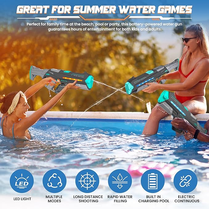 Electric Water Guns for Adults, Squirt Guns for Kids with Light Up and Large Capacity, Powerful Water Gun Up to 28-32FT Range for Summer Swimming Pool Party Beach Outdoor Activity(Gray)