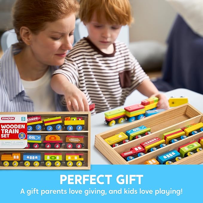 Montessori Wooden Train Toy Set for Kids, 12PCS Magnetic Train Cars with Storage Gift Box, STEM Educational Toy for Boys & Girls, Ages 2-8 Years, Christmas Birthday Party Gift