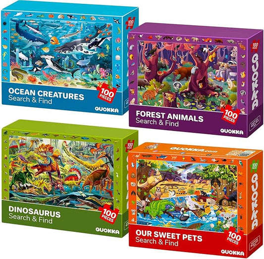 QUOKKA Floor Puzzles for Kids Ages 6-8 - Kids Puzzles Ages 8-10 - 4 Set 100 Piece Search and Find Animal Jigsaw Puzzle for Childrens 4-6 - Learning Educational Toys for 3 Year Old Boys and Girls
