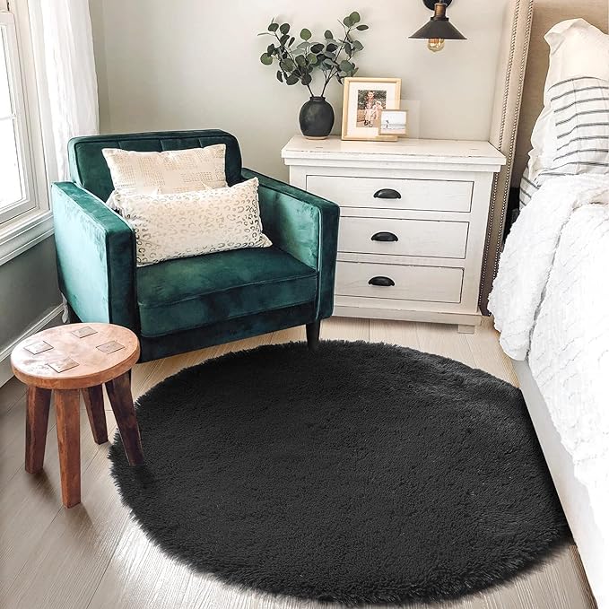 Black Round Rug 7Ft for Bedroom Aesthetic, Fluffy Plush Circle Area Rugs for Living Room, Large Big Fuzzy Modern Cool Carpet for Baby Kids Teen Boys Mens, Office Playroom Nursery Apartment Home Decor