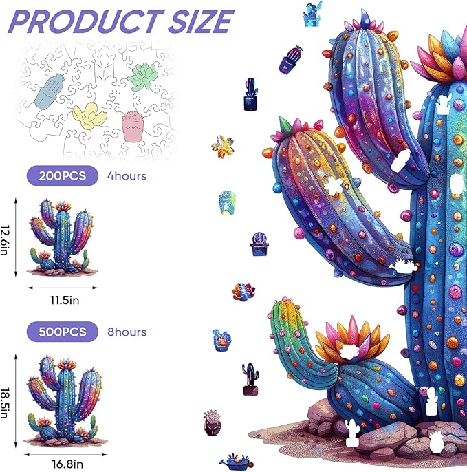 Wooden Puzzles for Adults,Cactus Wooden Jigsaw Puzzles 500pcs,16.8x18.5in,Royal,Unique Shape Adult Puzzles,Irregular Wood Puzzles Creative Gift for Adults and Kids Family Game