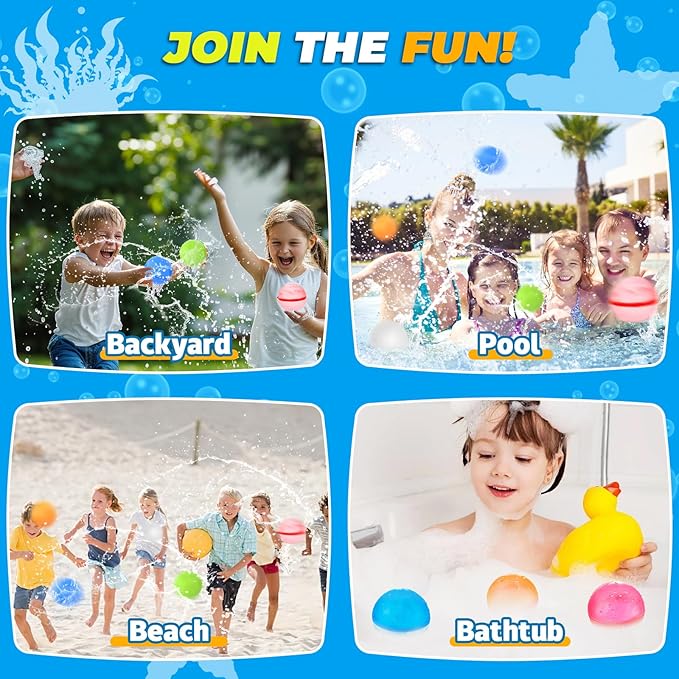 16PCS Magnetic Reusable Water Balloons, Refillable Silicone Bath Pool Beach Toys for Kids, Quick Fill Self-Sealing Splash Balls for Outdoor Water Fun Summer Family Games