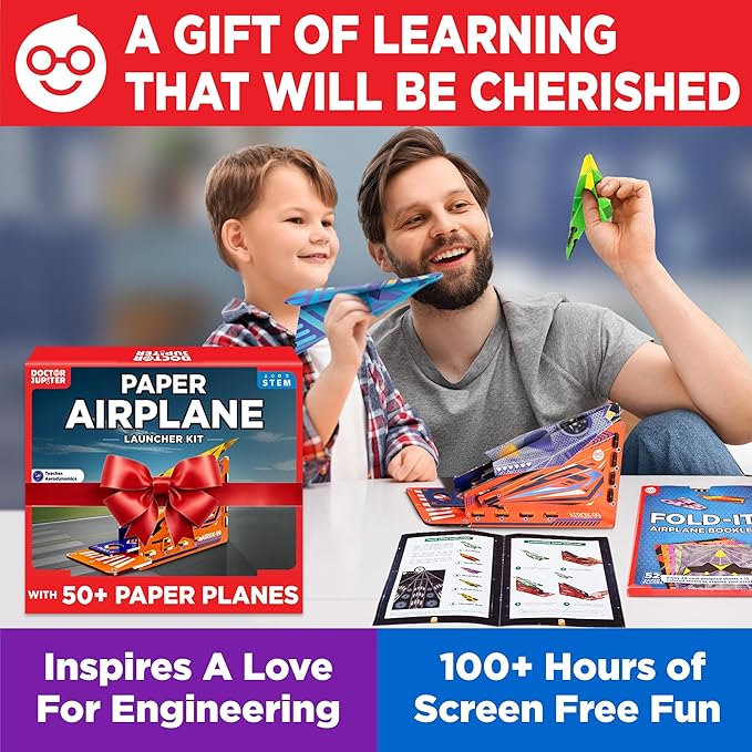 Doctor Jupiter Paper Airplane Book Kit for Kids Ages 6+ | Birthday Gift Ideas for 6-7-8-9-10-11-12 Year Old Boys & Girls | Learning & Educational STEM Toy with 50 Paper Airplanes and Launcher