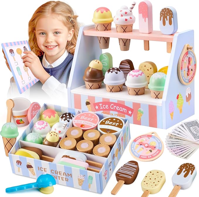 Ehome Wooden Ice Cream Toys Set Pretend Play Food Store for Kids Serve Ice Cream Counter Shop Kitchen Playset with Lucky Wheel, Scoop, Menu, Fake Money for Boys and Girls Ages 3 4 5 6