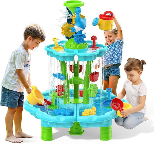 Kids Flower Water Sand Table for Toddlers - 2-Tier Outdoor Water Sand Play Table Toys for Boys Girls, Summer Splash Activity Sensory Table Party Birthday Gift for Kids 3-5 6-12