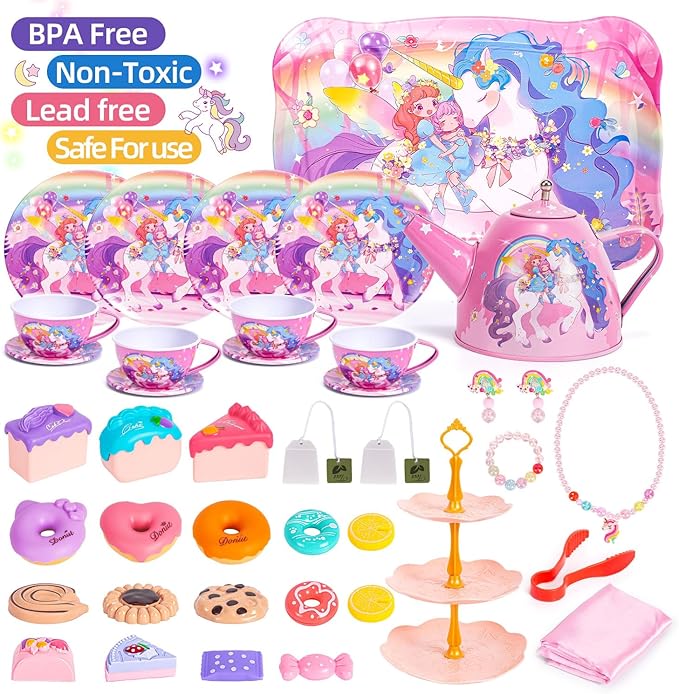 Unicorn Tea Party Set for Little Girls, Toddler Princess Toy Tea Set, Pretend Play Teapot Dessert Tea Cup Set Food Kitchen Playset, Birthday Unicorn Gift for 3 4 5 6 7 8 Year Old Girl