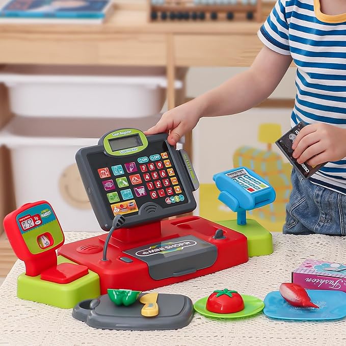 G.C Kids Cash Register Toy Pretend Play with Real Calculator Sound Scanner/Shopping Cart/Food/Play Money, Learning Counter Grocery Store Playset Toys Gift for Kid Boy Girl Age 3 4 5 6 7 8 Years Old