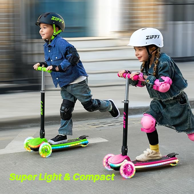 ZIFFY Kids Scooter for Boys & Girls LED Light-Up Wheels, 4 Adjustable Height Handlebars, and Lean-to-Steer Design with Anti-Slip Wide Deck for Stability - Up to 110LBS