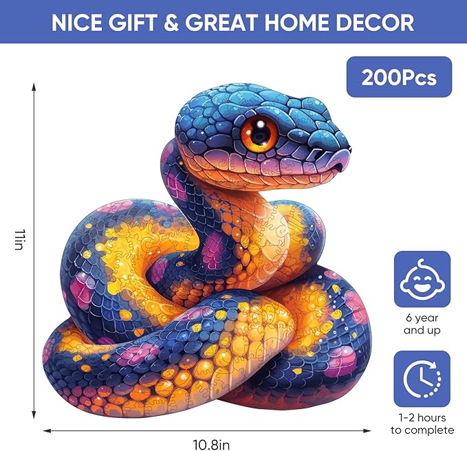 Wooden Puzzle for Adults, Snake Wooden Jigsaw Puzzles(10.8 * 11in-200pcs), Medium,Unique Shape Adult Puzzles,Irregular Wood Puzzles Creative Gift for Adults and Kids Family Game