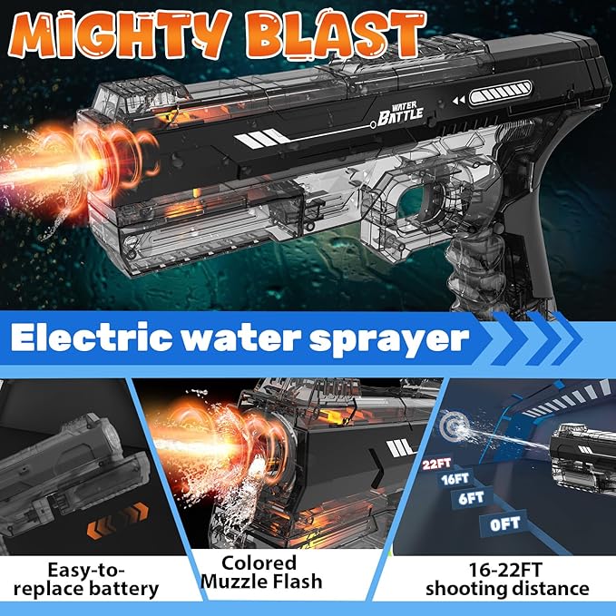 Skirfy Electric Water Gun with Realistic Gun Muzzle Flash for Kids Adults,High Powered Waterproof Water Pistol with High Capacity,Ideal Outdoor Swimming Pool Beach Toys-Black