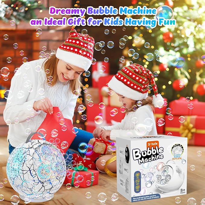 Bubble Machine for Kids Toddlers,45°/360° Automatic Rotation Spherical Bubble Maker Toy with RGB Light,Rechargeable Type-C Charge Bubble Blower,Outdoor Wedding Party Birthday Gifts (White Crack)