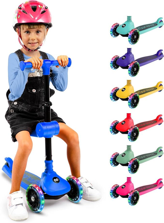 SereneLife 3 Wheel Foldable Kids Scooter - Foldable Seat, LED Wheel Lights, Adjustable Handlebar, Rear Foot Brake, Lean-to-Steer, Anti-Slip Deck, Ideal for Toddlers Kids 3+, up to 110Lbs