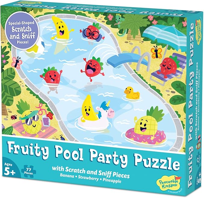 Peaceable Kingdom Scratch & Sniff Puzzles – Fruity Pool Party - 77pc Sensory Puzzle for Kids Ages 5 & up - Banana, Strawberry & Pineapple scents - Great for classrooms