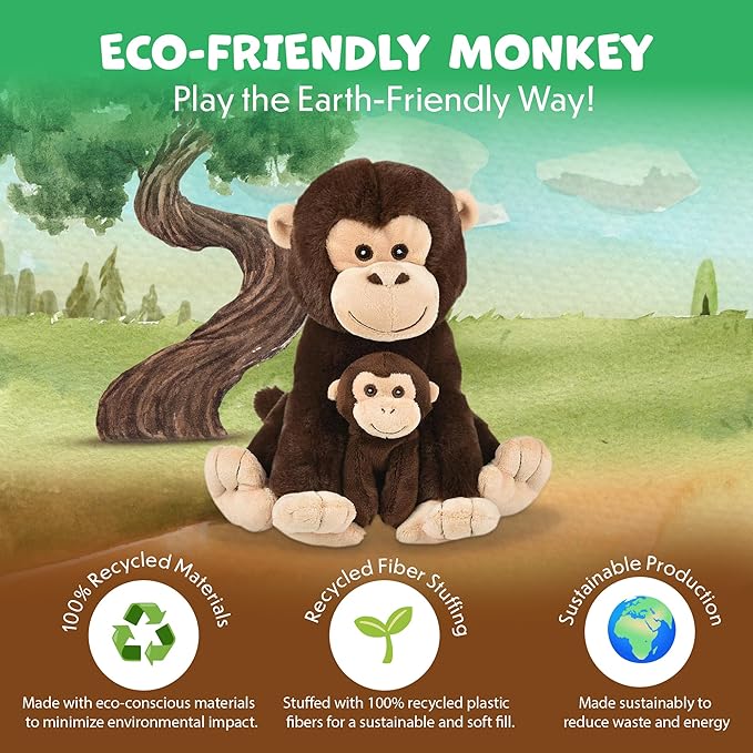 Mom and Baby Stuffed Animals for Boys & Girls, Safari Baby Shower Decorations, Nursery Decor, Zoo Animals for Toddlers, Quality Realistic Toys for Kids, Cute, Soft, Huggable, Squeezable (9.5" Monkey)