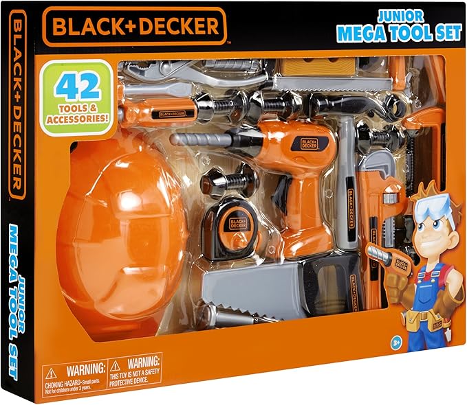 BLACK+DECKER Junior Kids Tool Set - Mega Tool Set with 42 Tools & Accessories! Role Play Tools for Toddlers Boys & Girls Ages 3 Years Old and Above, Includes Helmet! (58505)