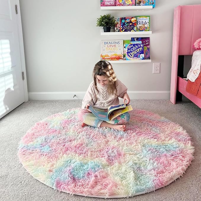 Amdrebio Rainbow Fluffy Round Rug 5Ft Kids Rugs for Girls Bedroom, Unicorn Room Decor, Colorful Pastel Shag Carpet for Playroom Baby Nursery, Cute Furry Kawaii Circle Area Rug for Toddler Princess