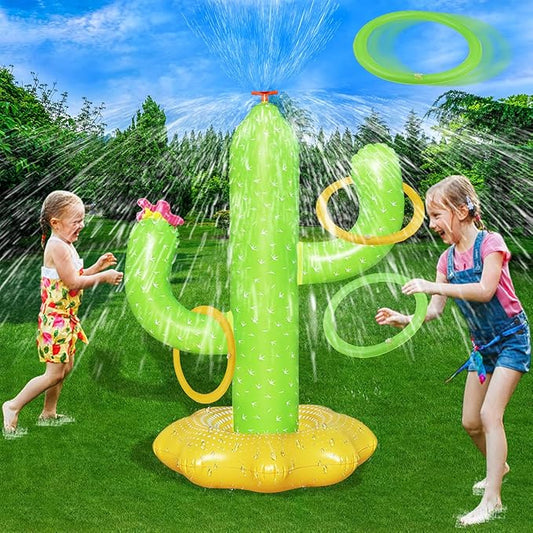 Sprinkler for Kids, Inflatable Cactus Water Toys for Boys Girls, Summer Outdoor Game with 4 Rings, Backyard Water Sprinkler Spray Toy Fun Gifts for Children Ages 3 4 5 6 Years and Up