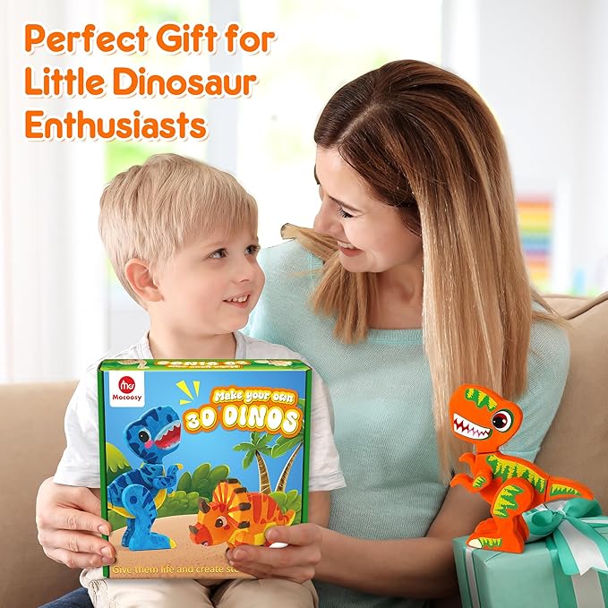 Mocoosy Wooden Dinosaur Painting Art Craft Kit for Kids 3-5, Wood Take Apart Dinosaur Snap Together Building Toy,Build Your Own Dinosaurs with Paint and Stickers STEM Game Creative Gift for Boys Girls