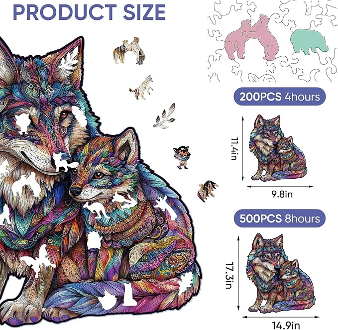 Wooden Puzzles for Adults, Wolf Family Jigsaw Puzzles 500 Pieces, 17.3x14.9in, Unique Shaped Cool Animal Wood Adult Puzzle, Best Gifts for Adults and Kids Family Game