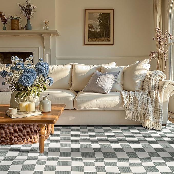 jinchan 5x7 Checkered Area Rugs for Kids Room - Machine Washable Soft Rug Modern Geometric Lattice Non-Slip Carpet for Nursery Playroom Living Room Bedroom Dining Room Home Office Grey