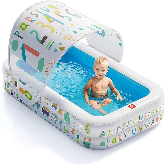 QPAU Kiddie Pool – 65" x 39" Inflatable Pool for Kids & Toddlers, Ball Pit & Baby Pool with Soft Cushioned Floor, Canopy for Sun Protection, Durable Outdoor Play Toys for Backyard & Indoor (Blue)