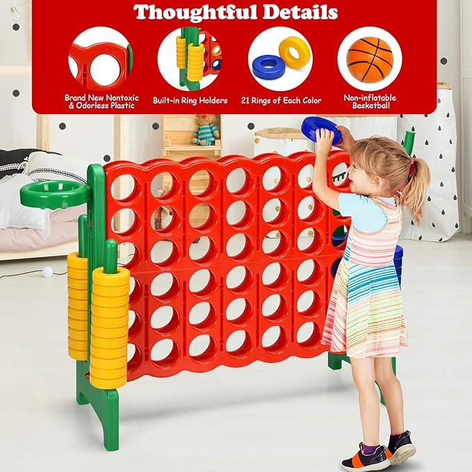 Costzon Giant 4-in-A-Row, Jumbo 4-to-Score Giant Game w/Basketball Hoop, Ring Toss, Quick-Release Slider, 42 Jumbo Rings, Indoor Outdoor Family Connect Game for Kids & Adults, Backyard Games, Green