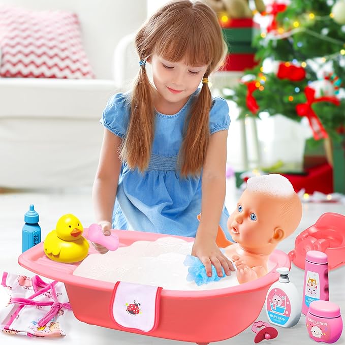 Baby Doll Care Toys, 30PCS Baby Dolls Bath Set & Doctor Kit, Pretend Play Baby Doll Set, Incl Bathtub, Bathrobe, ECG, Thermometer, Toddlers Toys Gifts for Age 3 4 5 6 Year Old Girls