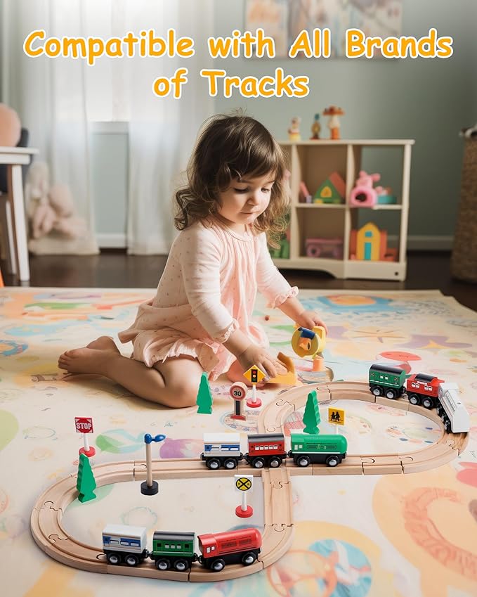 Wooden Train Set 9 PCS - Train Toys Magnetic Set Includes 3 Engines - Toy Train Sets for Kids Toddler Boys and Girls - Compatible with All Major Brands