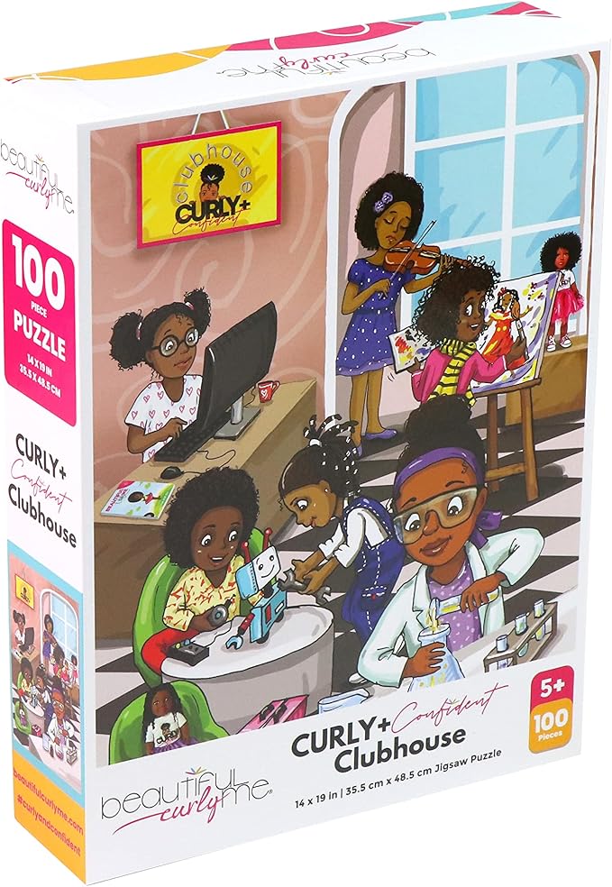 Curly + Confident Clubhouse 100 Piece STEM Jigsaw Puzzle for Future Scientists, Engineers, Artists, Kids Ages 4-8, Kids Ages 8-12. Inspire Love of STEAM by Beautiful Curly Me