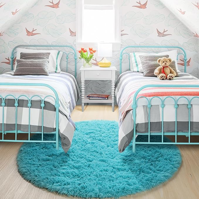 Blue Round Rug 5Ft for Bedroom, Washable Fluffy Circle Area Rugs for Kids Room Baby Nursery Playroom, Living Room Decor Aesthetic, Plush Shaggy Fuzzy Turquoise Carpet for Apartment Preppy Classroom