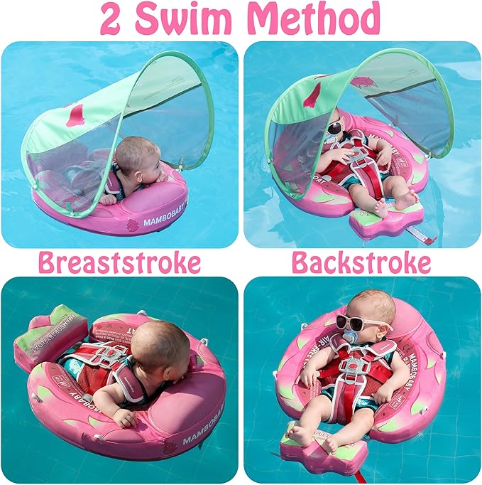 Mambobaby Float Add Tail Baby Swim Float with Canopy Solid Pool Infant Swim Trainer Swimming Training Lying Air Free Water Floats Non-Inflatable Waist Swim Ring for Toddlers (Dragon Fruit)