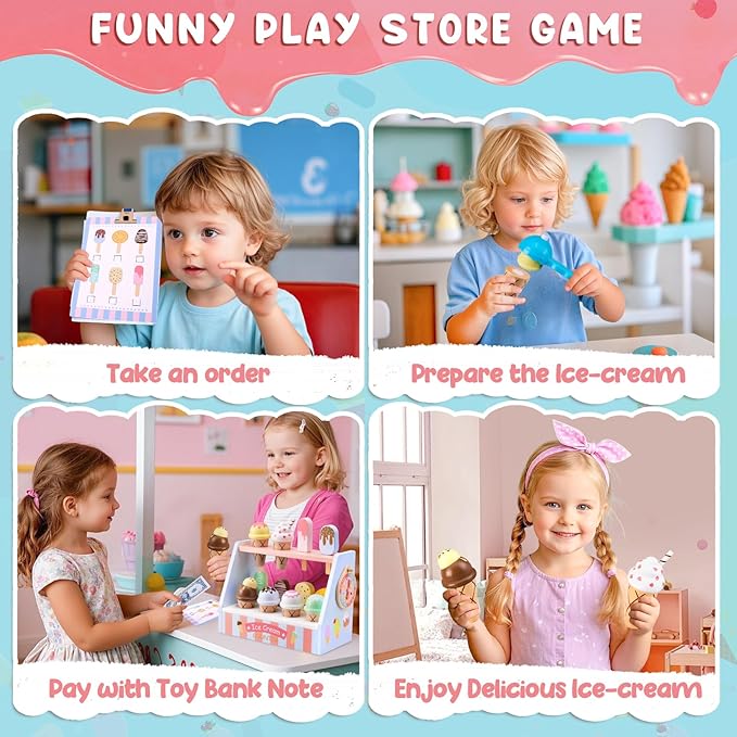 Ehome Wooden Ice Cream Toys Set Pretend Play Food Store for Kids Serve Ice Cream Counter Shop Kitchen Playset with Lucky Wheel, Scoop, Menu, Fake Money for Boys and Girls Ages 3 4 5 6
